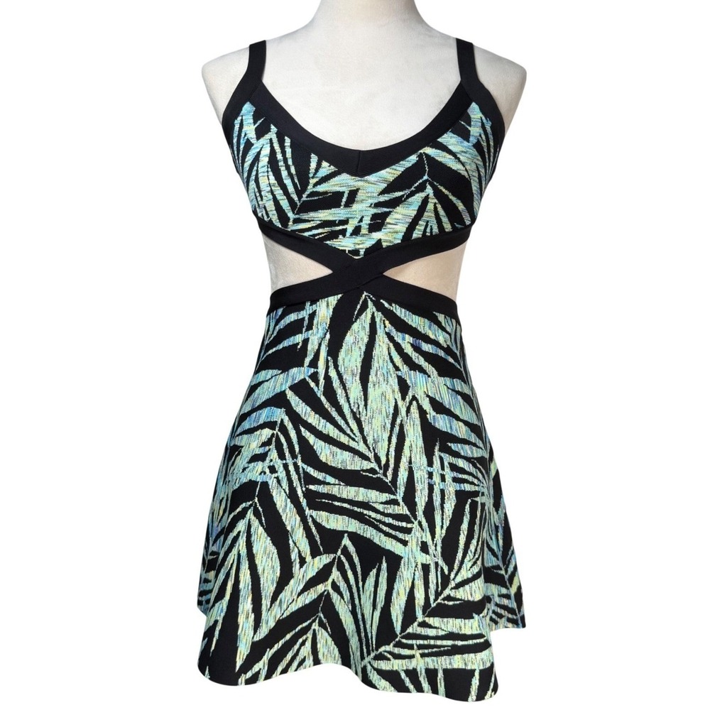 BCBGMAXAZRIA Cutout Mini Dress XS Tropical Palm Print Resortwear Summer Party - Picture 2 of 12